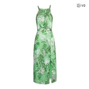 Christian Siriano Green Palm Print Midi Dress Party Vacation Resortwear Boho